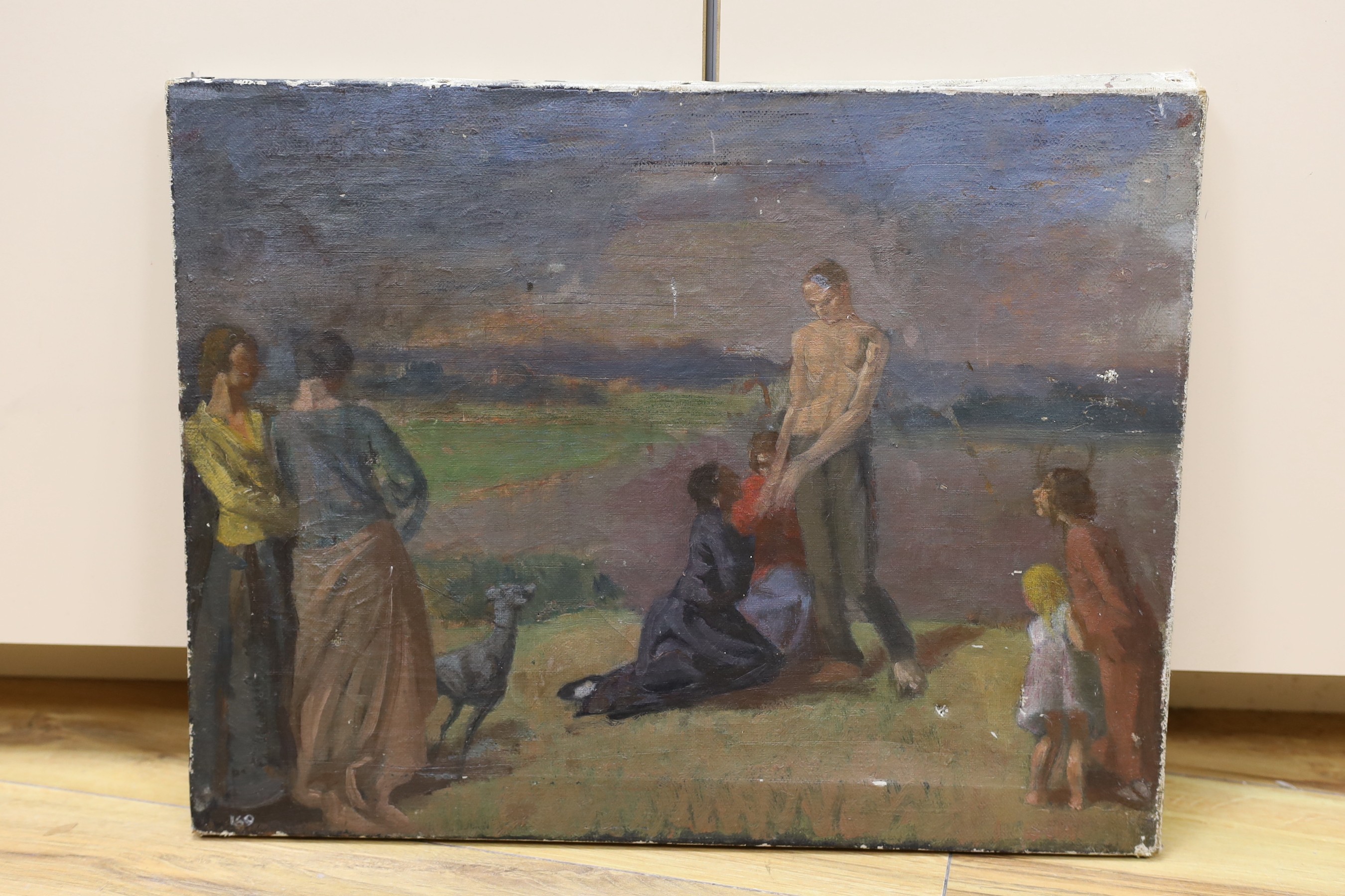 Manner of Augustus John, oil on canvas, Figures beside a lake, numbered 169, 35 x 45cm, unframed